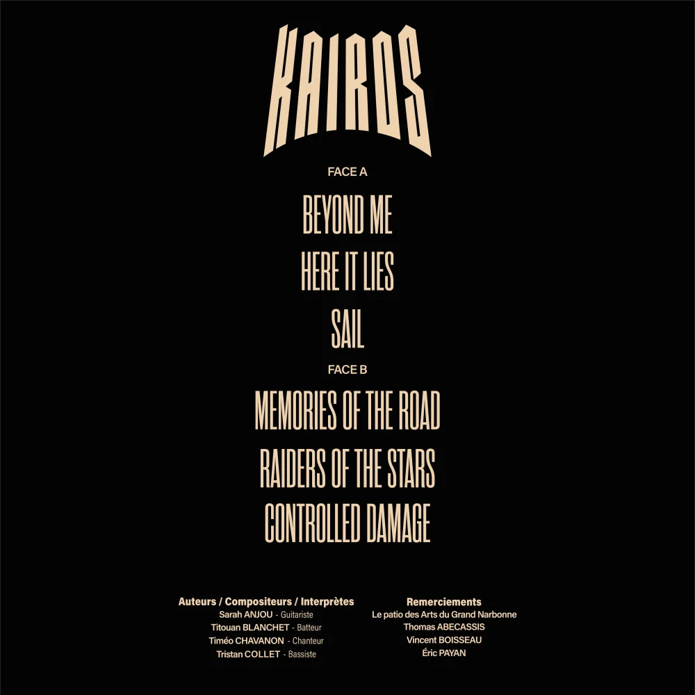 Back cover of Controlled Damage: the Kairos logo, the side A and side B track list, the credits