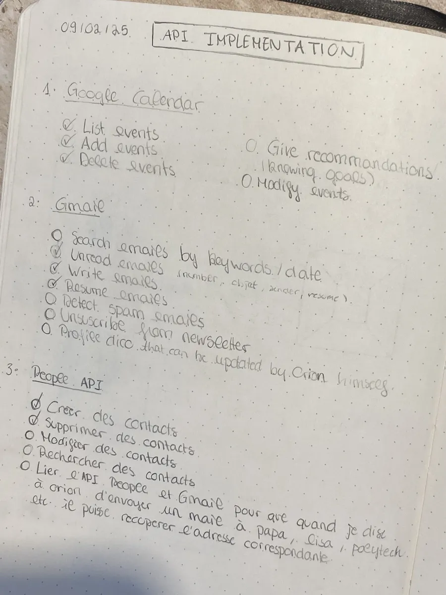 Dot-grid notebook page dated 09/02/25, “API implementation”: functions to wire up to Google Calendar, Gmail and the People API, ticked off one by one