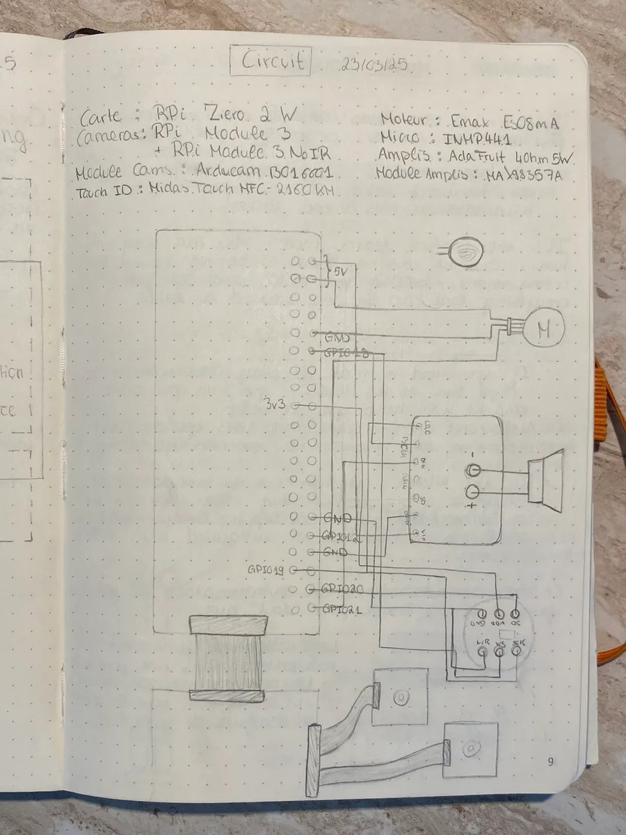 First sketch of Orion’s circuit, drawn in pencil in a dot-grid notebook: Raspberry Pi, microphone, amplifier, speaker and cameras